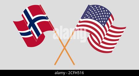 Crossed and waving flags of Norway and the USA. Vector illustration Stock Vector
