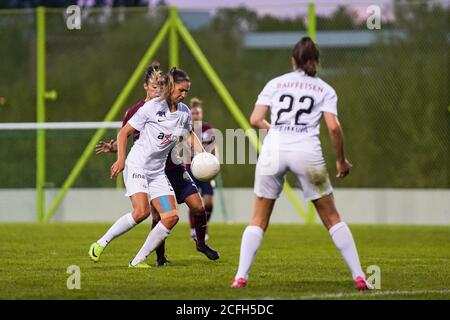 August 29, 2020, Lugano, Stadio Cornaredo, AXA Women's Super League: FC  Lugano Femminile - FC Zurich Women, # 27 Mimoza Hamidi (FC Zurich),  goalscorer # 22 Lorena Baumann (FC Zurich) and #