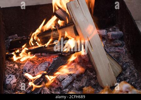 Small campfire with flames. Smoldering wood. Stock Photo