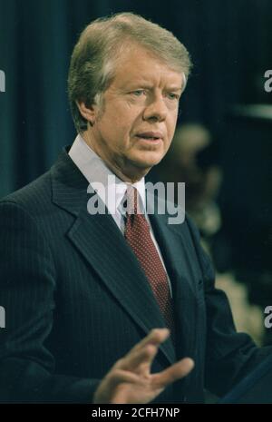 Close up head shot of Jimmy Carter during a press conference. ca.  15 December 1977 Stock Photo