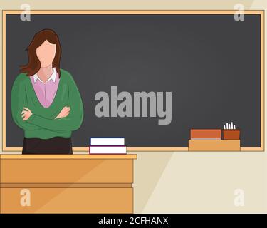 Illustration vector design of tea teacher is teaching in the classroom with blank space on the black board. It is also suitable for teacher's day for Stock Vector