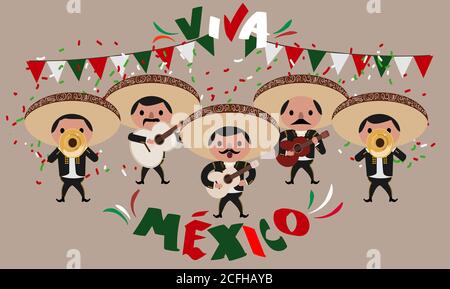 Mariachis playing at independence day party and text in spanish: Long live Mexico Stock Vector
