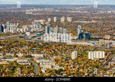 An aeial view at highways 401 and 404 showing Consumers Road commercial area in Toronto Canada. Stock Photo