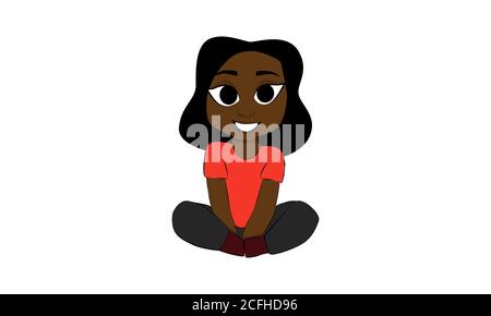 Vector of a black girl or woman with wavy hair in red shirt and dark pants and shoes sitting with legs folded and isolated against a white background. Stock Vector