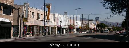 Highland Park, California, USA - November 15, 2004:  Archival panoramic view of Figueora Street near Ave 57 in the Highland Park area of Los Angeles. Stock Photo