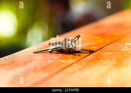 The keys on vintage wood table Stock Photo