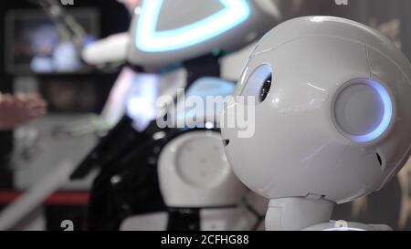 Head with the lightning eyes of a humanoid robot. Stock Photo