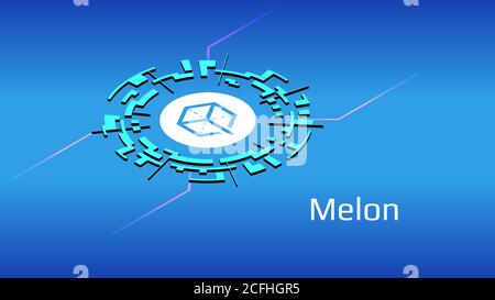 Melon MLN isometric token symbol of the DeFi project in digital circle on blue background. Cryptocurrency icon. Decentralized finance programs. Vector Stock Vector