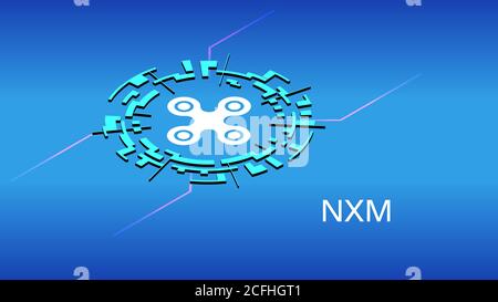 Wrapped NXM WNXM isometric token symbol of the DeFi project in digital circle on blue background. Cryptocurrency icon. Decentralized finance programs. Stock Vector