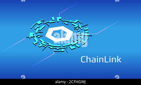 ChainLink LINK isometric token symbol of the DeFi project in digital circle on blue background. Cryptocurrency icon. Decentralized finance programs. Stock Vector