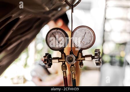 manometers measuring equipment for filling air conditioners,gauges. Stock Photo