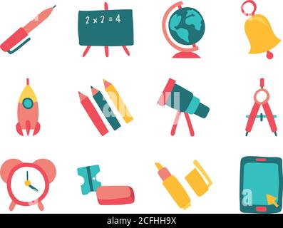 bundle of twelve school supplies flat style icons vector illustration design Stock Vector