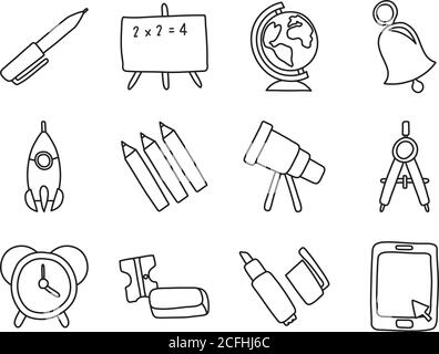 bundle of twelve school supplies line style icons vector illustration design Stock Vector
