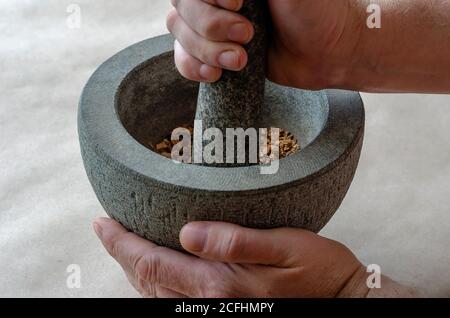 Hand grinds the dried roots of medicinal herbs in stone mortar. Caucasian middle-aged man. Alternative medicine. Medicinal herbs. Stock Photo