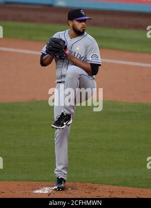 Los Angeles, California, USA. 06th Sep, 2020. Los Angeles, United States. 5th Sep, 2020. Colorado Rockies starting pitcher Germ‡n M‡rquez winds up to deliver against he Los Angeles Dodgers at Dodger Stadium in Los Angeles on Saturday, September 5, 2020. The Rockies defeated the Dodgers 5-2. Photo by Jim Ruymen/UPI Credit: UPI/Alamy Live News Credit: UPI/Alamy Live News Stock Photo