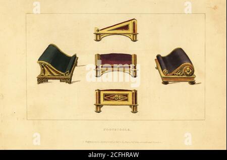 Regency-era footstools, 1813. Grecian footstool designed by cabinet maker Matthew Gregson of Preeson's Row, Liverpool (center), with rosewood or ormolu ornaments, carved gilt feet, upholstered in velvet. Gothic (left) and Chinese (right) variations. Handcoloured copperplate engraving from The Upholsterer's and Cabinet-Maker's Repository consisting of seventy-six designs of modern and fashionable furniture, Rudolph Ackermann, London, 1830. Stock Photo