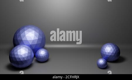 Polygonal balls, spheres or globes in realistic studio interior on dark background, 3d rendering illustration, conceptual science or technology Stock Photo