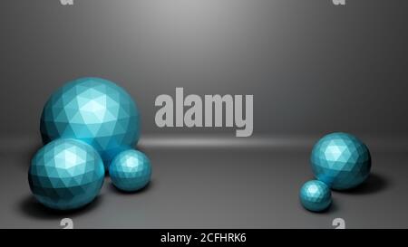 Polygonal balls, spheres or globes in realistic studio interior on dark background, 3d rendering illustration, conceptual science or technology Stock Photo