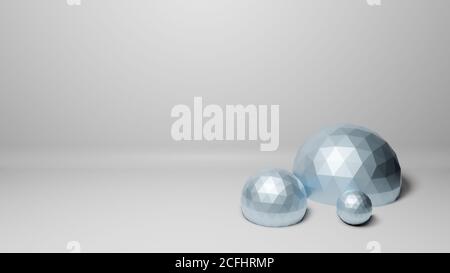 Polygonal balls, spheres or globes in realistic studio interior on dark background, 3d rendering illustration, conceptual science or technology Stock Photo