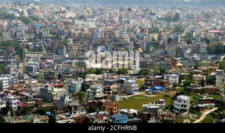 Cityscape densely populated Kathmandu city, capital of Nepal. Kathmandu  centre of Nepal's history, art, culture, economy. It has  multi-ethnic popula Stock Photo