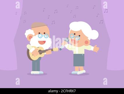 Elderly couple smiling, playing guitar and singing happily with curtain and musical notes in cute flat cartoon style Stock Vector