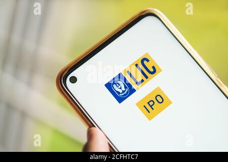 Kolkata, West Bengal, India, September 6, 2020 : LIC IPO Background. Website of Life Insurance Corporation of India is opened on a smartphone closeup