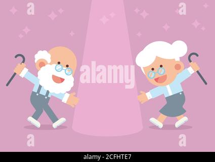 Elderly couple smiling, holding walking cane and dancing happily together with spotlight and twinkle in cute flat cartoon style Stock Vector