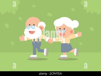 Elderly couple smiling, holding hands and skating on rollerblades outdoor with trees and falling leaves in cute flat cartoon style Stock Vector