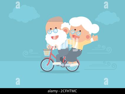 Elderly couple smiling, senior man riding vintage bicycle outdoor with senior woman sitting behind, blowing wind and clouds in cute flat cartoon style Stock Vector