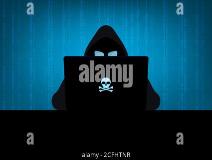 Silhouette of hacker wearing hood using laptop computer with glow in the dark blue skull and crossbones logo in dark room on blue binary code number b Stock Vector