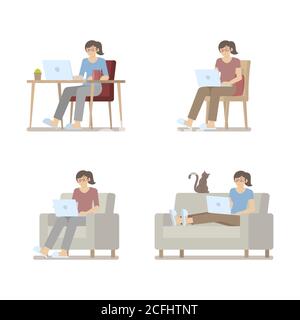 Set of woman in casual clothes working at home on laptop computer sitting at desk, on chair, armchair and lying on sofa in flat cartoon style Stock Vector