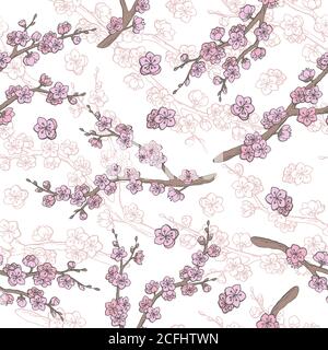 Sakura graphic flower branch color seamless pattern sketch illustration vector Stock Vector