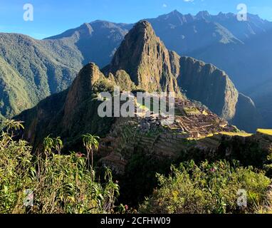 Machu Picchu Inca loct city fortress in Andes mountains Peru South America. Stock Photo