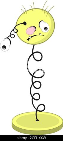 funny cartoon spring - with head, eyes and mouth, stands on a stand and one eye falls off. Stock Vector