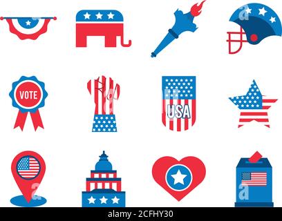 bundle of twelve usa elections set icons vector illustration design Stock Vector