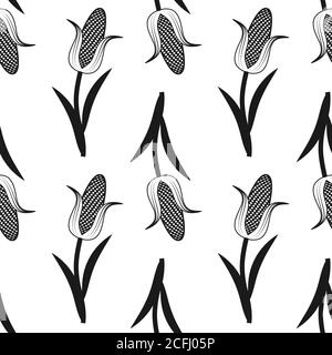 seamless corn pattern black on white background. Vector image Stock Vector