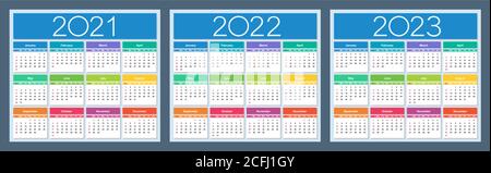 Calendar 2021, 2022, 2023. Colorful set. Week starts on Sunday. Isolated vector illustration. Stock Vector