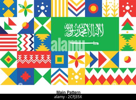 Saudi Arabian Traditional Colors, pattern and design, Saudi Arabian National Day 2020, with Saudi Arabian Flag Stock Vector