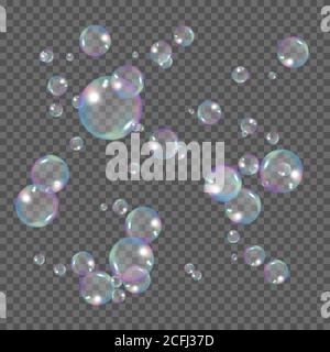 Realistic rainbow color bubbles. Soap bubbles isolated on transparent background. Vector Stock Vector