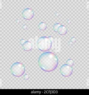 Realistic rainbow color bubbles. Colorful soap bubbles. Vector illustration isolated on transparent background Stock Vector