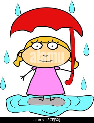 Girl under an umbrella during the rain. Concept of protection and security. Illustration woman, handwritten metaphor vector Stock Vector