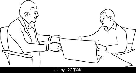 Men, hand drawing sketch. Business negotiations in modern style. Business people meeting. Work meeting, business negotiation, conference. Successful b Stock Vector