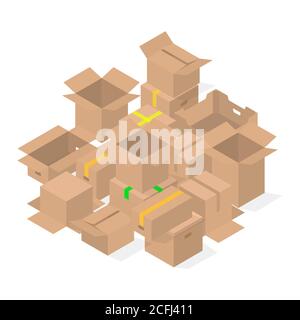 Bunch of cardboard boxes isolated on white background. Packaging design elements. Flat 3D isometric style, vector illustration. Stock Vector