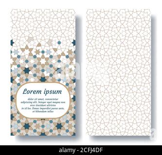 Arabic wedding double card for invitation, celebration, save the date, performed in arabic geometric tile. Colofrul vector template Stock Vector