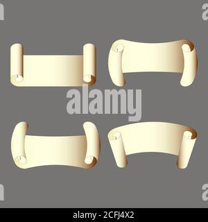 vector illustration of parchment light yellow color paper scroll rolled banner isolated on grey. Good for posters announce, banners, and any signs props Stock Vector