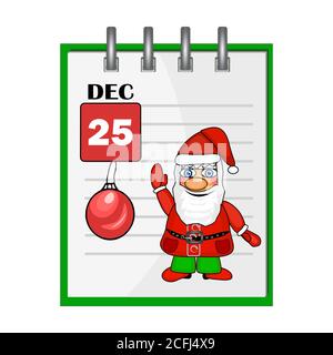 Merry Christmas holiday calendar with Santa Claus. Gift card with cute Santa Claus in traditional costume, red hat, ball and holiday date.Stock vector Stock Vector
