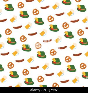 oktoberfest party celebration poster with beers and set icons pattern vector illustration design Stock Vector