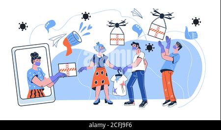 Safe contactless delivery in an epidemic of coronavirus concept with people in virus protective masks and gloves. Stock Vector