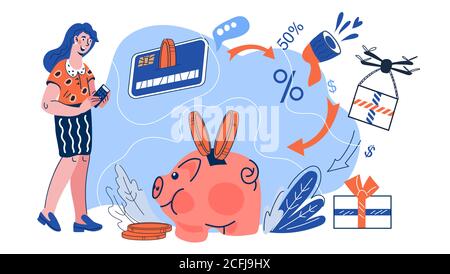 Online cashback reward concept with woman making money transfer or online payment. Stock Vector