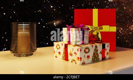 holidays, Xmas, Christmas gifts boxes, candle and decorations lights on desk with star night background . Stock Photo